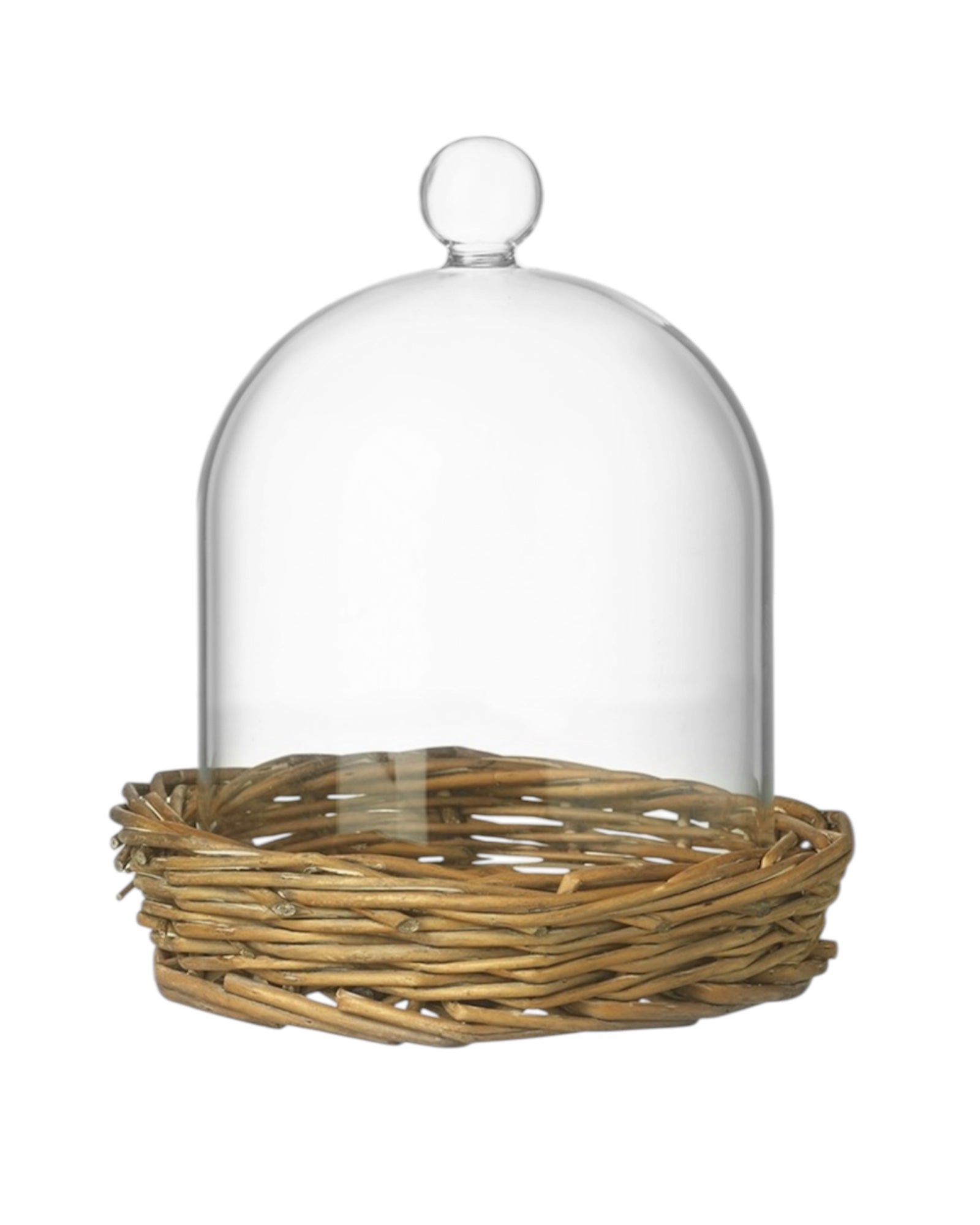 Glass cloche on a wicker base, decorative home décor piece by Heaven Sends, showcasing elegant glass and natural wicker materials.
