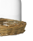 Glass cloche on a wicker base, stylish home décor piece from Heaven Sends, showcasing a clear glass dome with a woven wicker stand.