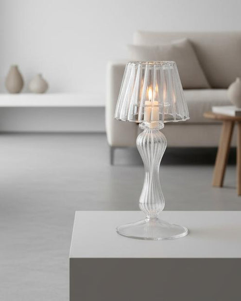 Glass lampshade tealight holder for home décor by Heaven Sends, featuring a clear, elegant design for cozy ambient lighting.