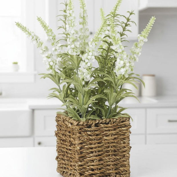 Artificial white lavender plant in a rattan pot, decorative Heaven Sends artificial plant for home or office decor