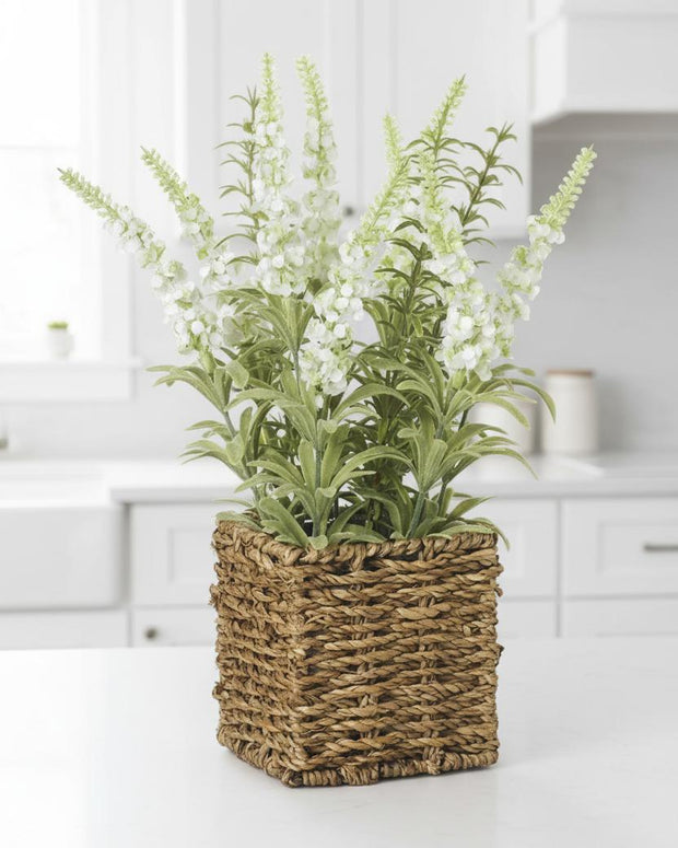 Artificial white lavender plant in a rattan pot, decorative Heaven Sends artificial plant for home or office decor