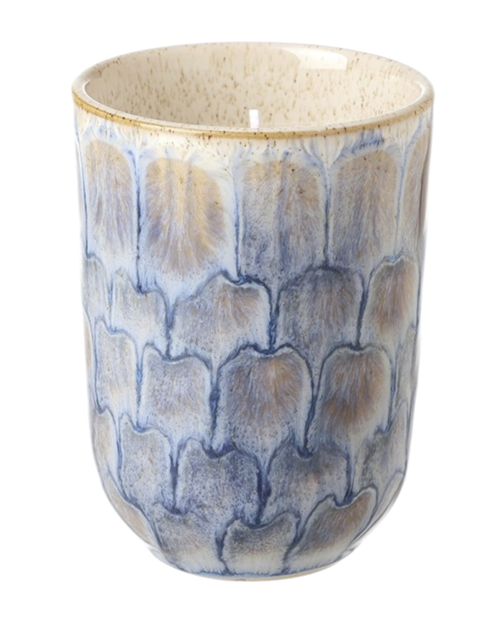 Navy blue tall ceramic candle from Heaven Sends, elegant candle holder with a lit candle inside.