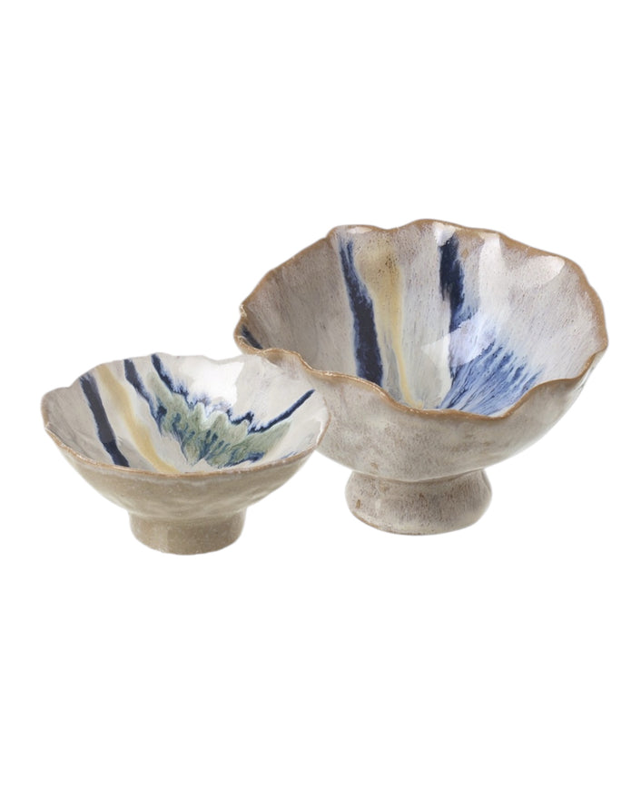 White and blue porcelain footed bowl, a decorative home décor piece by Heaven Sends with intricate design details.