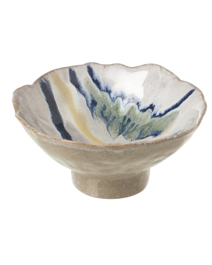 White and blue porcelain footed bowl for home décor, featuring intricate patterns and a decorative stand by Heaven Sends.