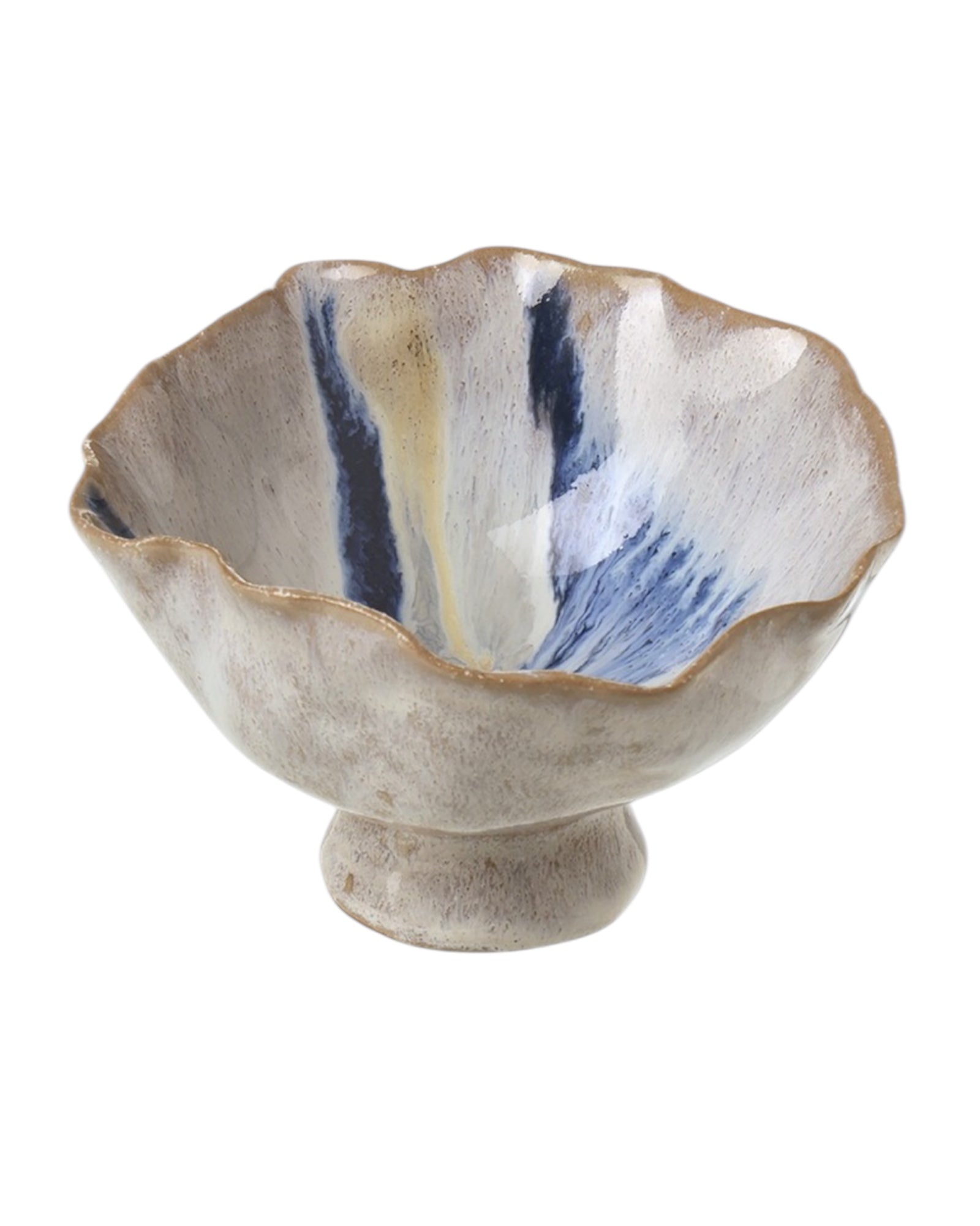 White and blue porcelain footed bowl for home décor featuring intricate patterns and a decorative stand.