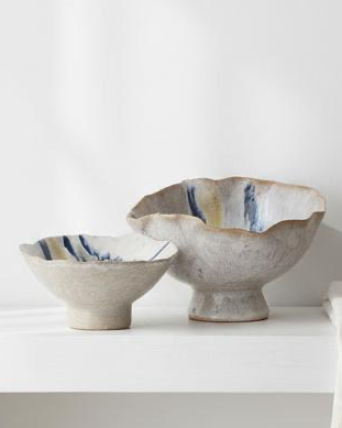 White and blue porcelain footed bowl for home décor, showcasing intricate design and elegant craftsmanship by Heaven Sends.