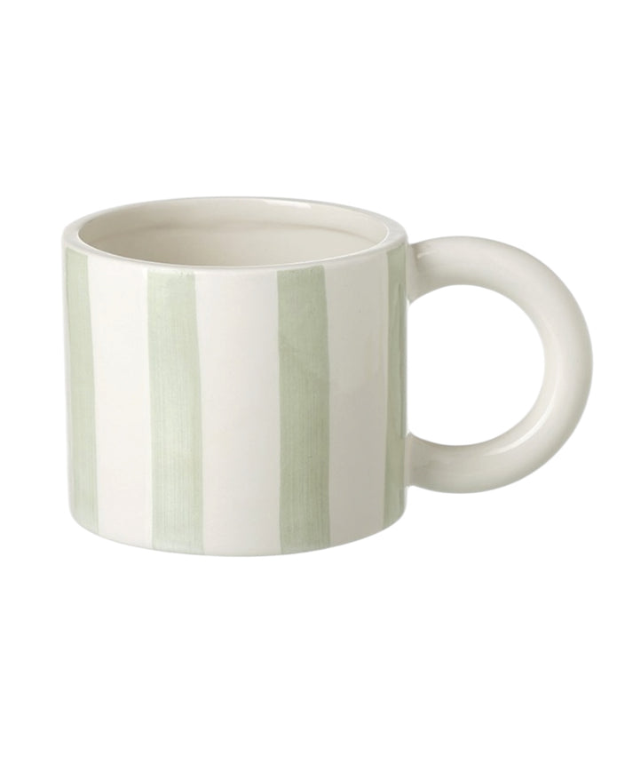 Sage green and white striped ceramic mug from Heaven Sends with a smooth handle and glossy finish.