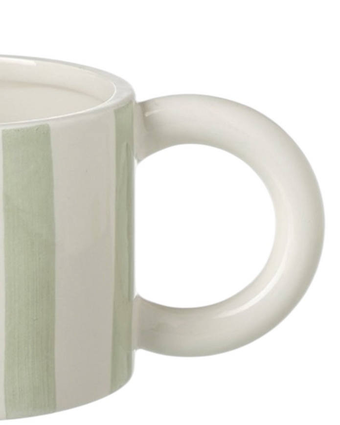 Sage green and white striped ceramic mug by Heaven Sends, featuring a classic cylindrical shape and comfortable handle.