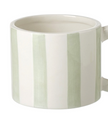Sage green and white striped ceramic mug by Heaven Sends, featuring a cozy, modern design with a smooth handle.