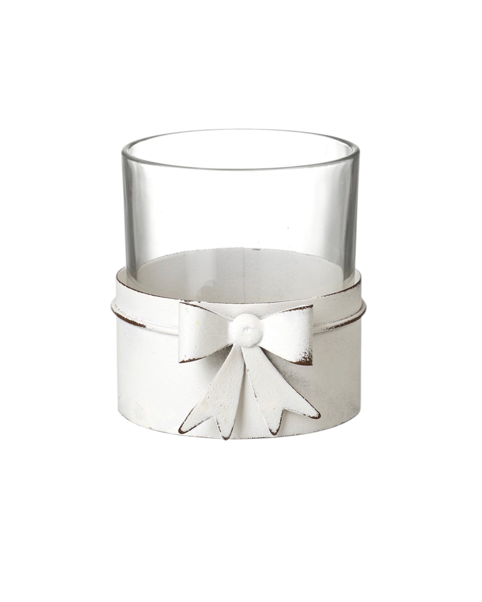 White metal bow hurricane candle holder for tealights, decorative home décor piece by Heaven Sends with glass insert.