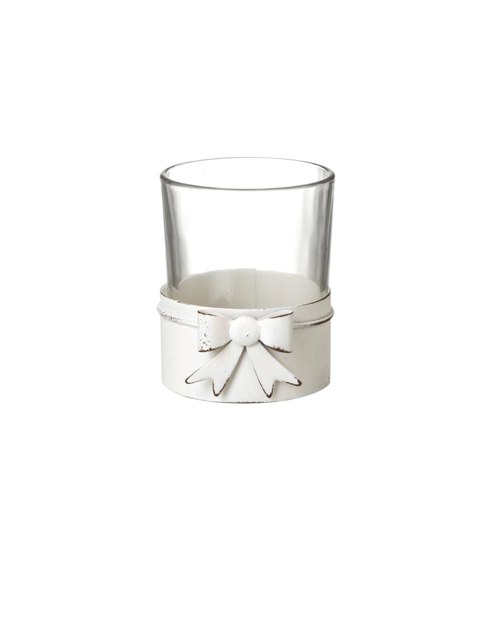 White metal bow-shaped hurricane candle holder for tealights, decorative home décor piece by Heaven Sends.