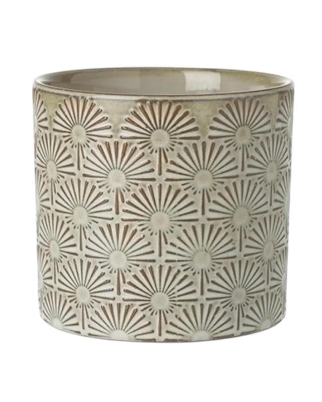 Beige patterned ceramic planter pot for home décor with intricate design, ideal for indoor plants.
