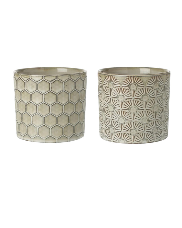 Beige patterned ceramic planter pot for home décor with intricate design, showcasing a stylish addition to indoor plants.