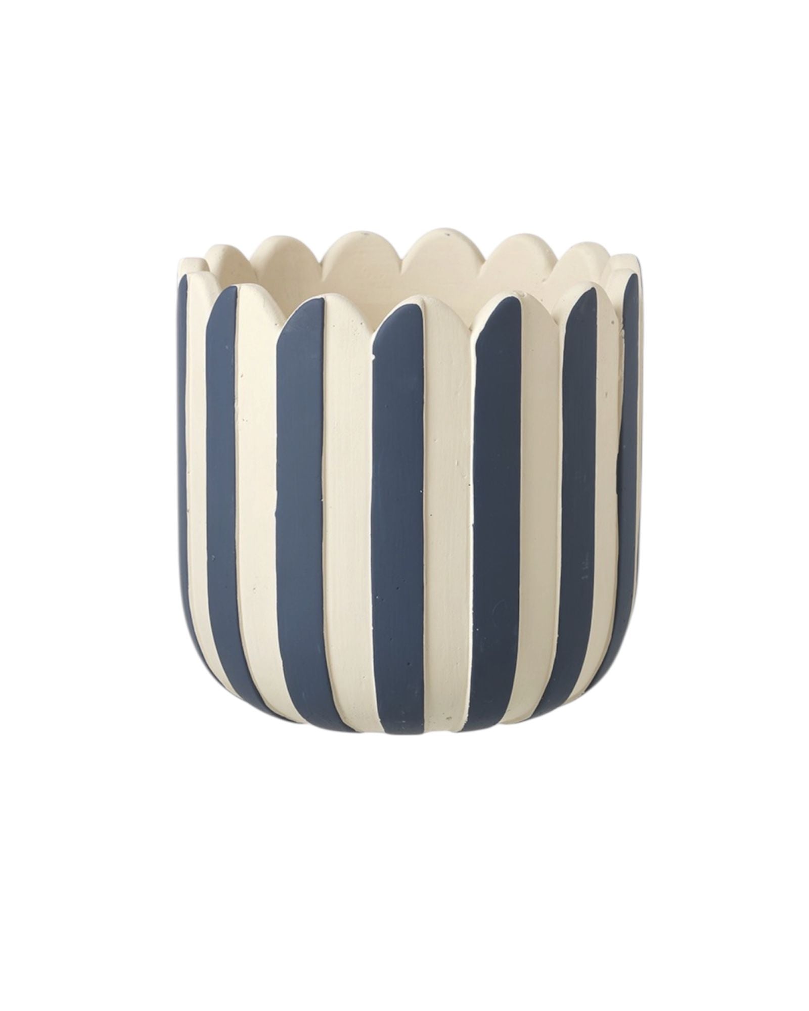 Navy blue and white striped planter pot for home décor, featuring a stylish design and ceramic finish.
