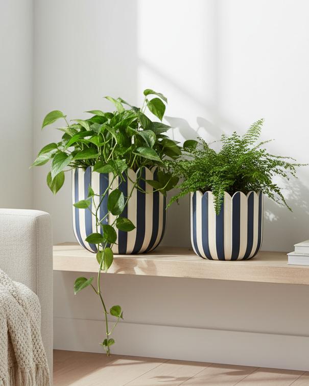 Navy blue and white striped planter pot for home décor, featuring a classic design with a glossy finish.
