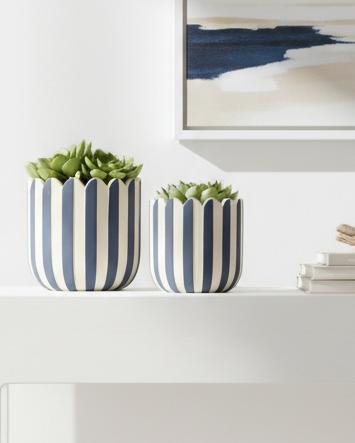 Navy blue and white striped planter pot for home décor by Heaven Sends, featuring a classic ceramic design and decorative pattern.