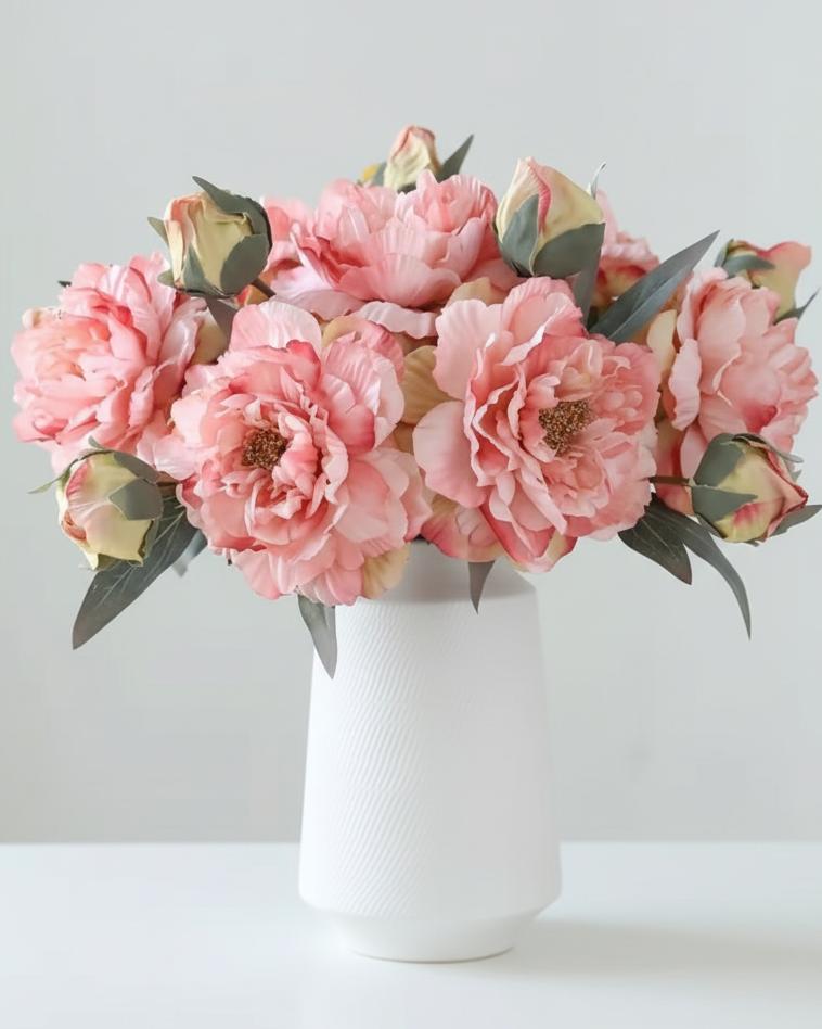 Artificial pink rose and open double peony flower stem from Starlight Express, showcasing realistic floral details for home decor.