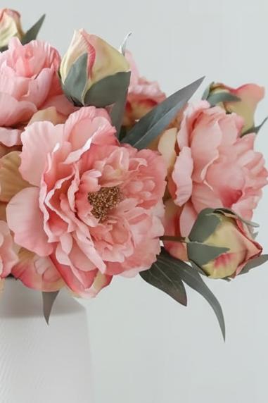 Artificial pink double peony flower stem from Starlight Express, showcasing vibrant, realistic pink roses and lush green leaves.