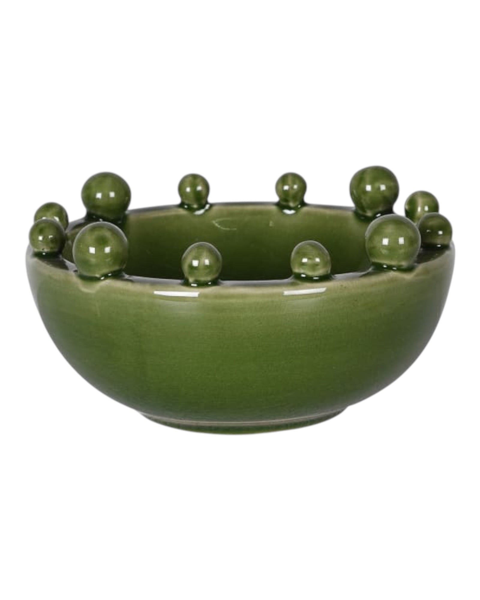 Small olive green bowl with bobble-edged design, ideal for home decor, by Coach House.