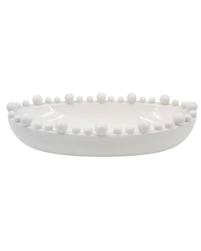 Oval extra large white bobble-edged bowl for home decor by Coach House, showcasing its decorative design and smooth finish.