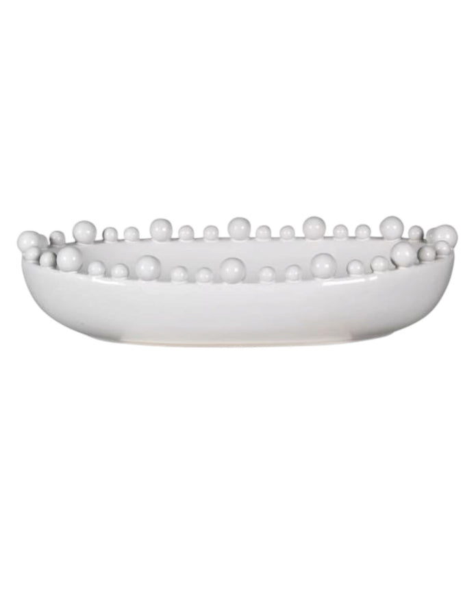White oval bowl with large size and bobble-edged design, ideal for home decor from Coach House.