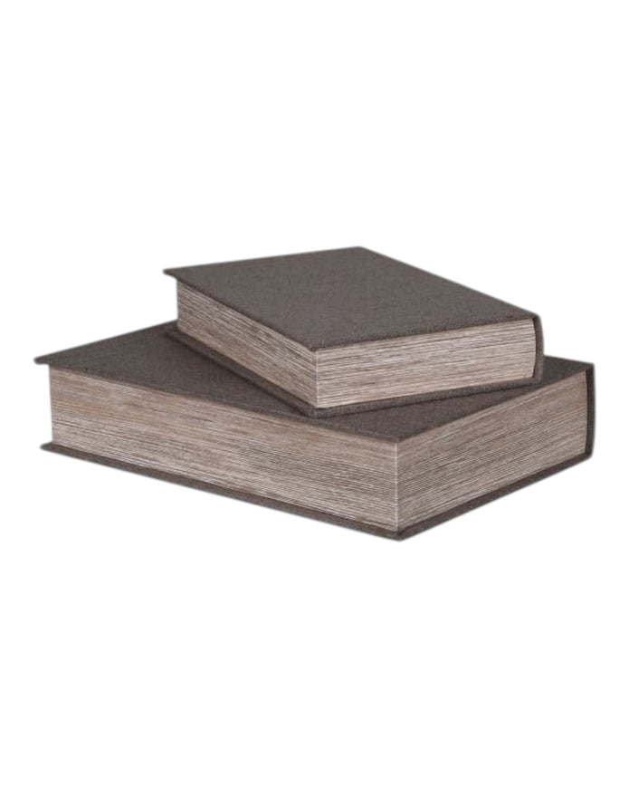 Set of two vintage grey design storage book boxes by Coach House, stylish home decor for organization and display.