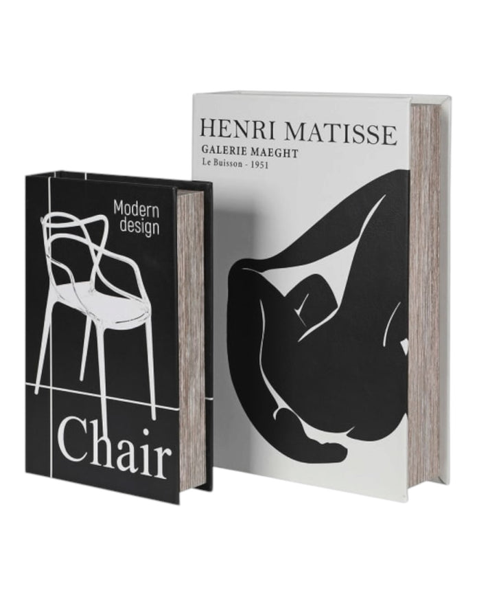 Set of two Coach House modernist black and white storage book boxes for stylish home decor organization.