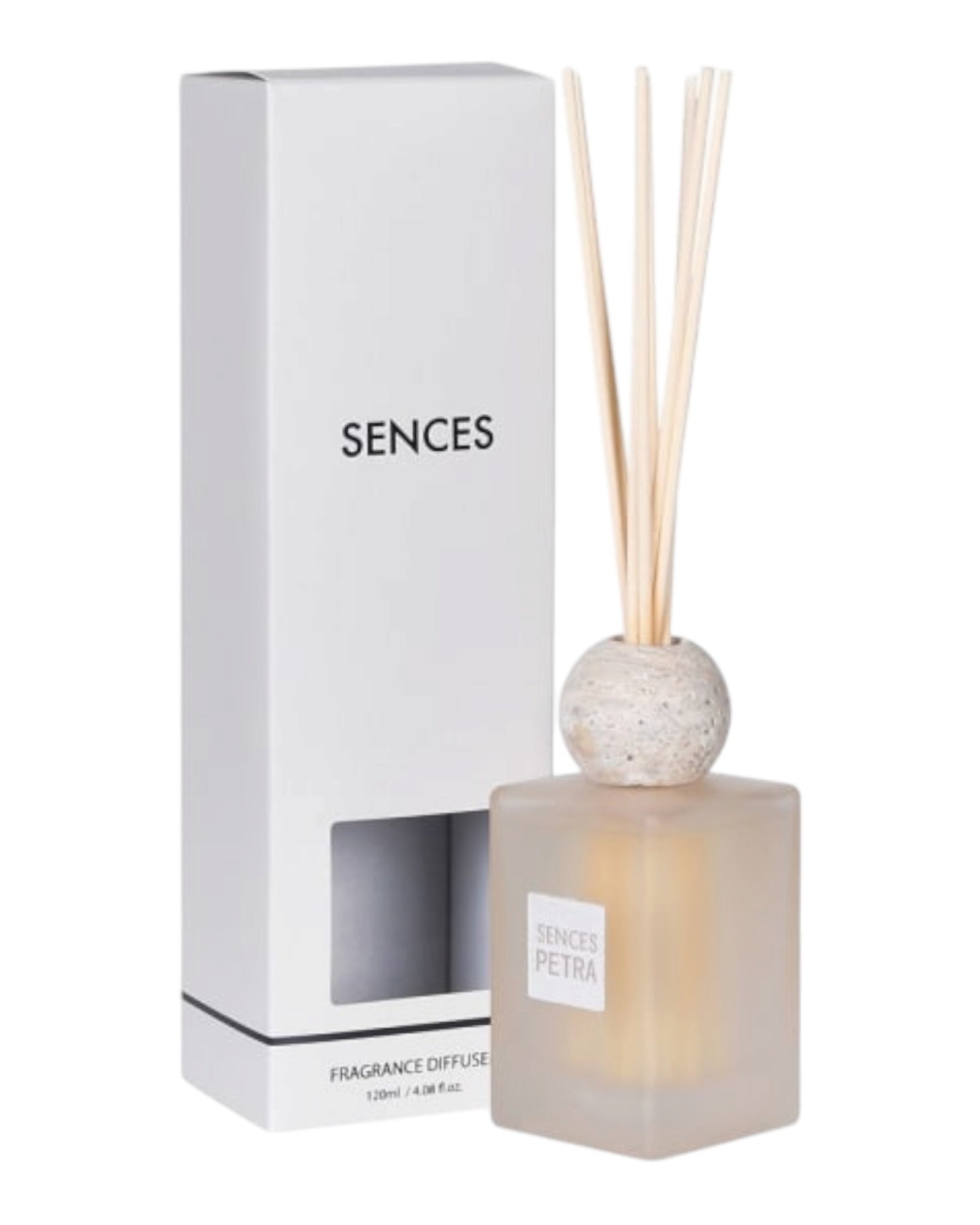 White Petra Reed Diffuser with travertine ball top and pink pepper scent, a stylish home fragrance by Coach House.