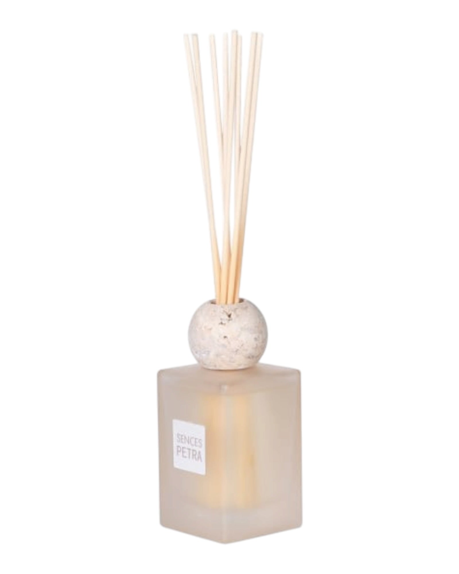 White Petra Reed Diffuser with travertine ball top and pink pepper scent, elegant home fragrance by Coach House.