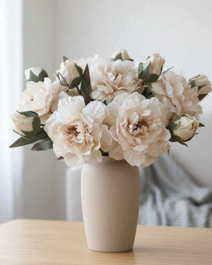 Artificial Champagne Open Double Peony flower stem from Starlight Express, showcasing realistic peach-colored blooms and green foliage.