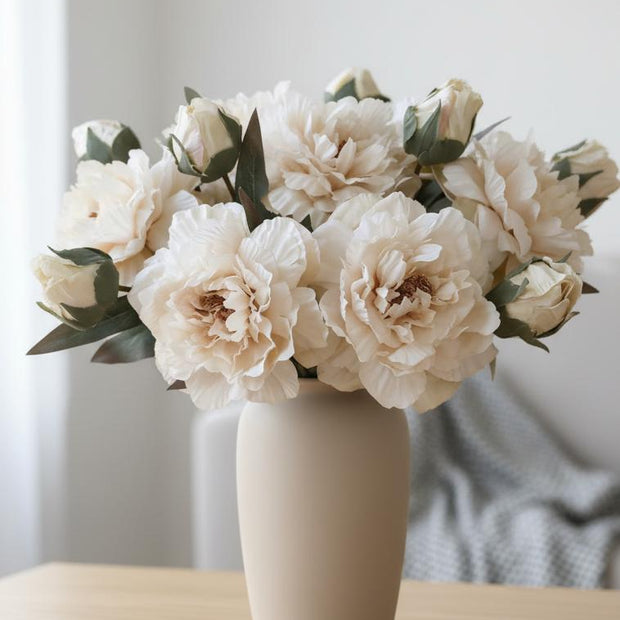 Artificial Champagne Open Double Peony flower stem from Starlight Express, showcasing realistic peach-colored blooms and green foliage.