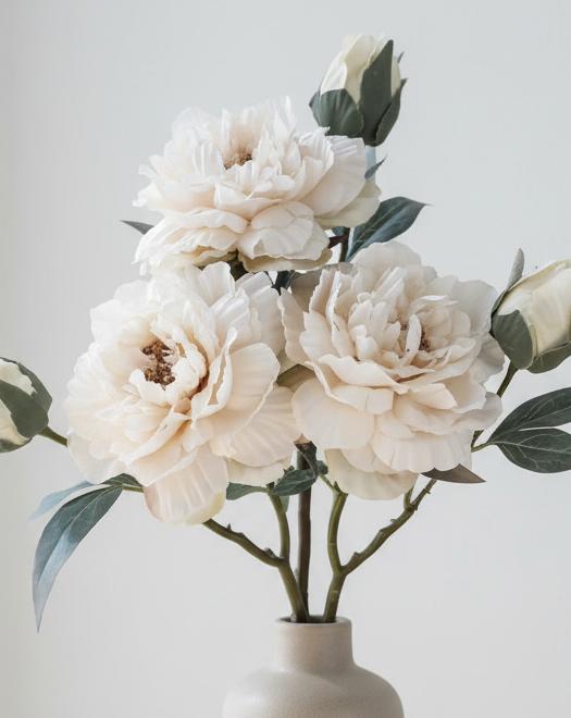 Artificial Champagne Open Double Peony flower stem from Starlight Express, showcasing realistic cream-colored peony blooms and green leaves.