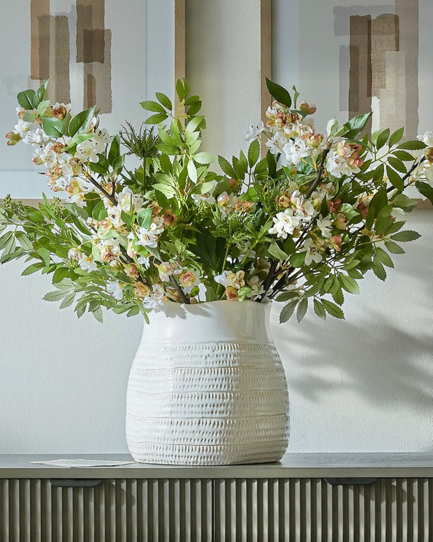 Tava White Ceramic Wide Neck Textured Vase