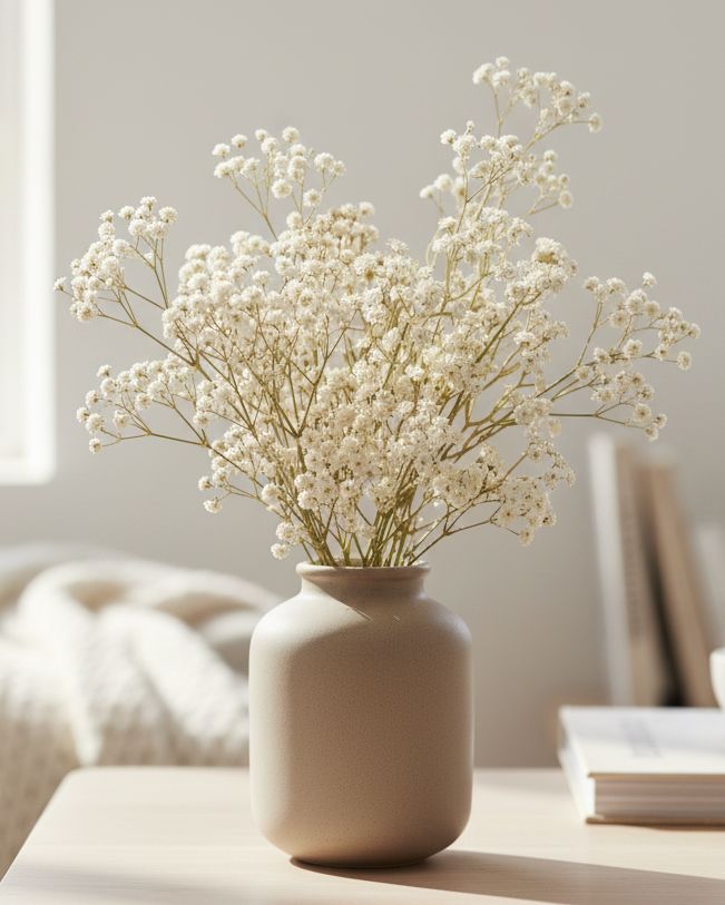 Artificial Cream Neutral Gypsophila stem from Starlight Express, showcasing delicate white flowers on a realistic plastic plant stem.
