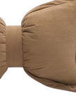 Neutral brown corduroy striped bow cushion from Starlight Express, showcasing soft plush fabric and decorative bow detail.