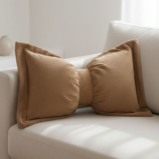 Neutral brown corduroy striped bow cushion from Starlight Express, soft furnishings accent with a plush, textured fabric and bow detail.