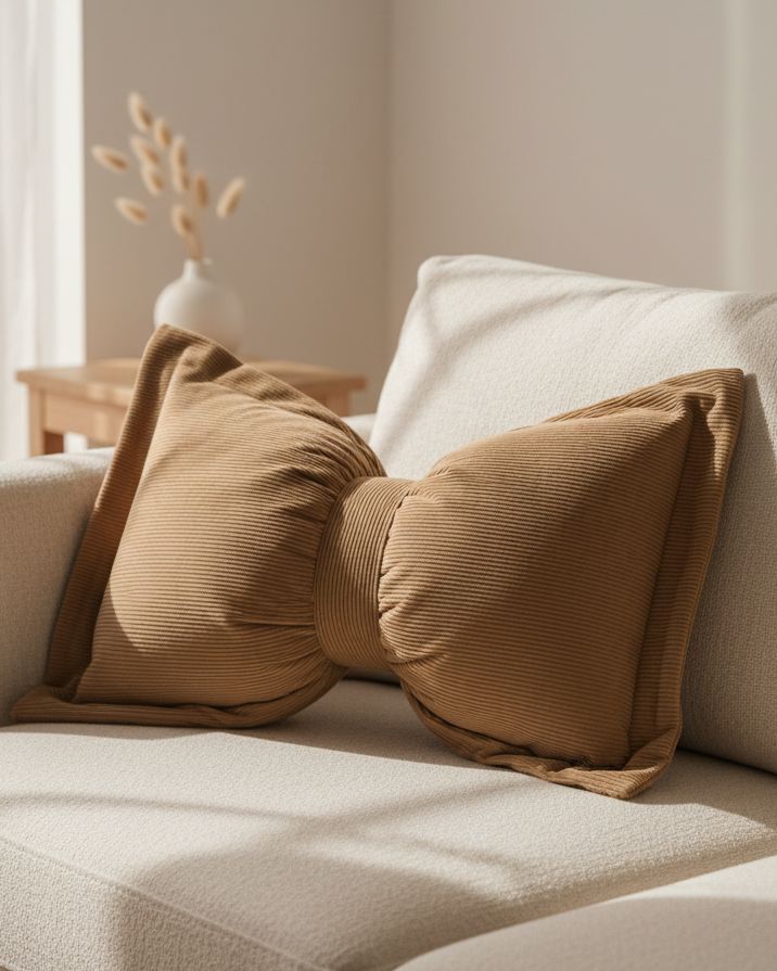 Neutral brown corduroy striped bow cushion from Starlight Express, featuring soft, textured fabric and decorative bow detail.