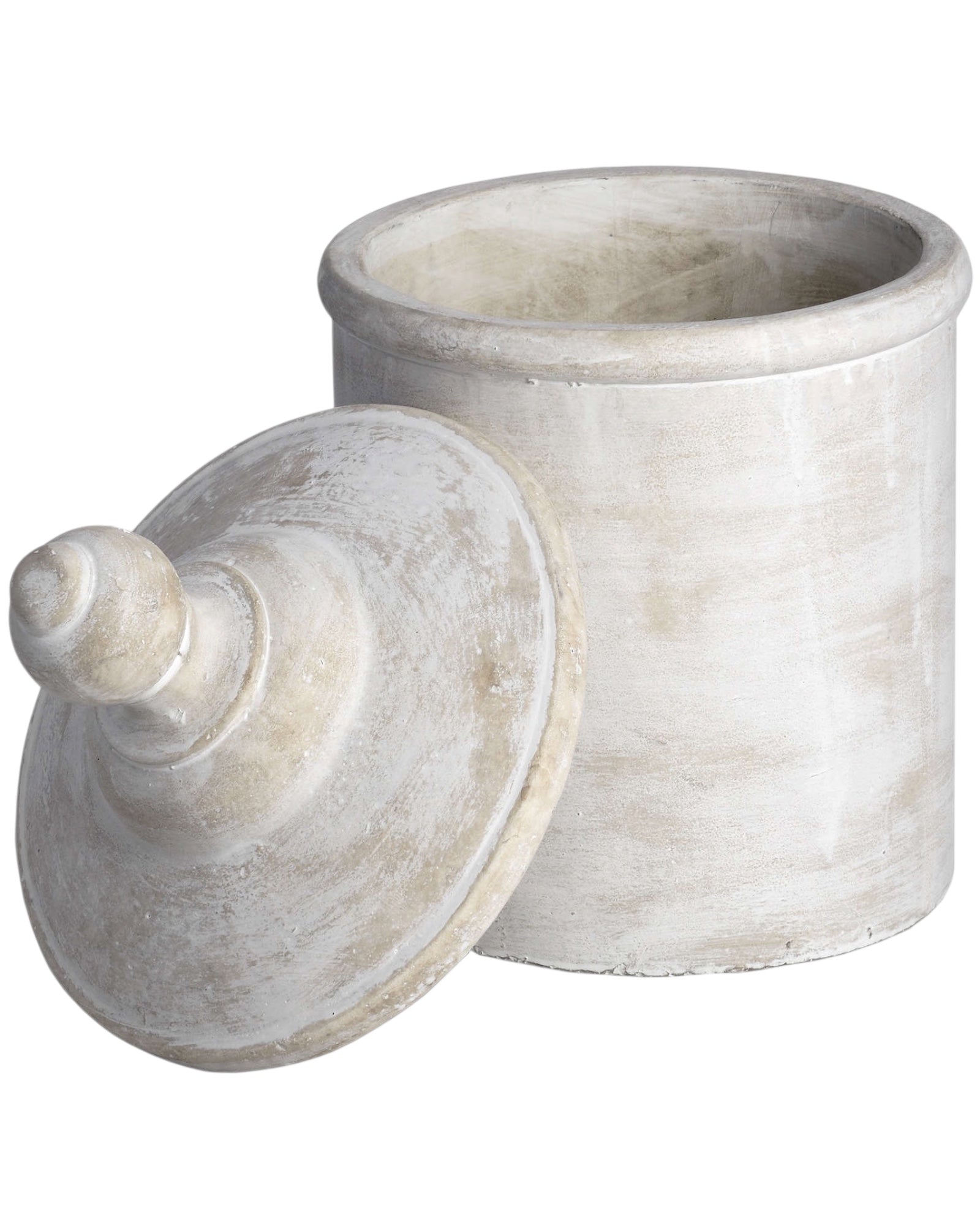 White stone canister from Hill Interiors, rustic home decor storage container with a smooth finish, ideal for kitchen or shelf display.