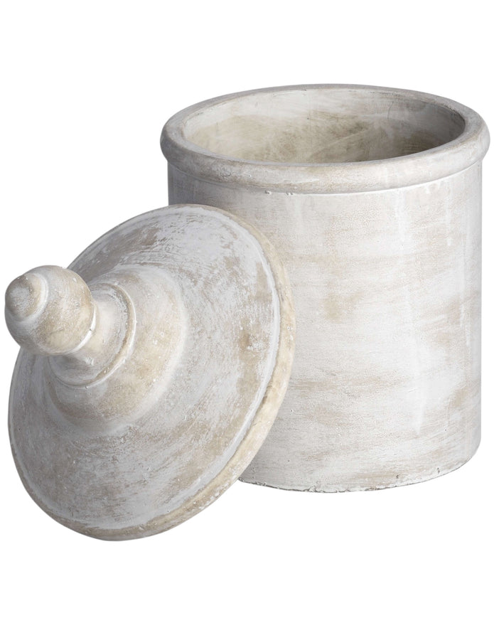 White stone canister from Hill Interiors, rustic home decor storage container with a smooth finish, ideal for kitchen or shelf display.