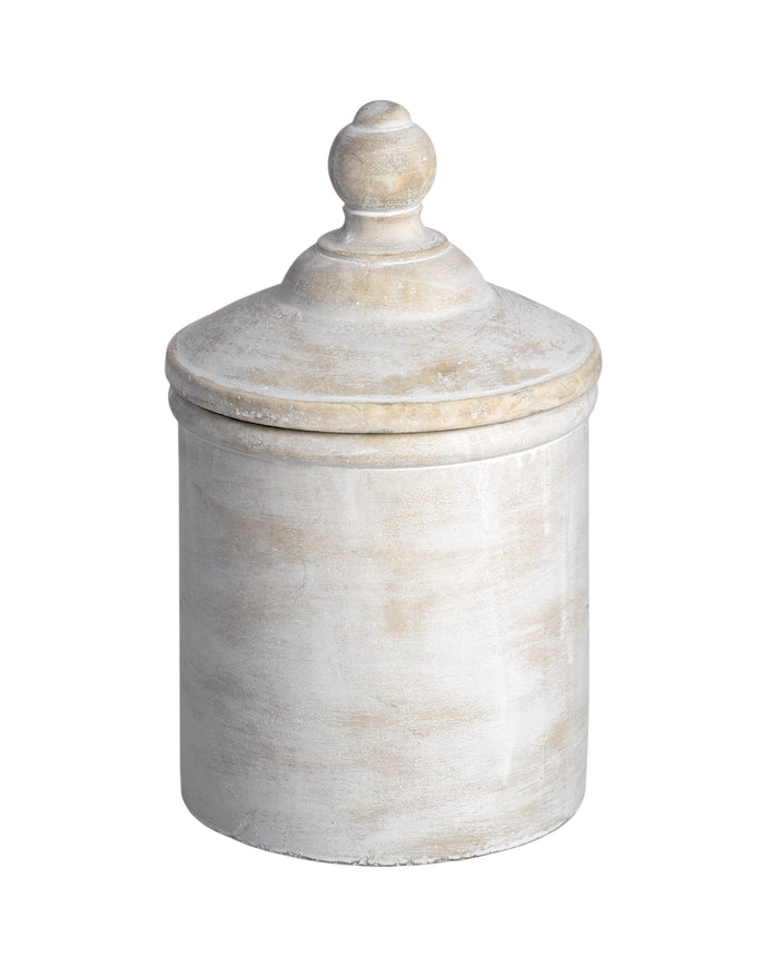 White stone canister from Hill Interiors, rustic home decor storage jar with a smooth, rounded design and natural finish.