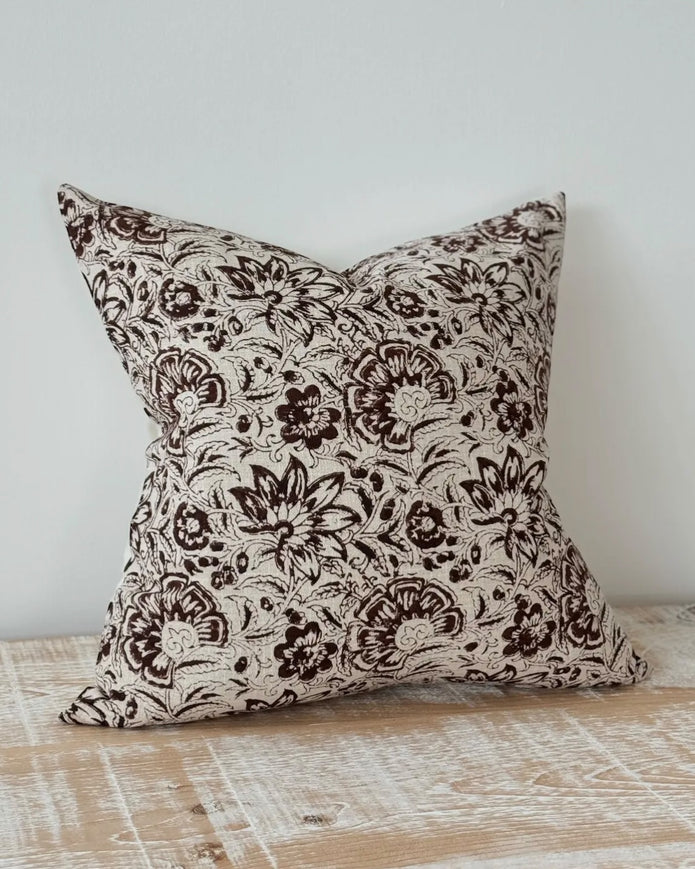Ivy Chocolate Brown Floral Print Luxury Cotton Cushion Cover