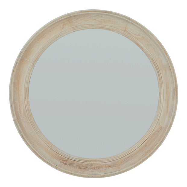 Round washed wood framed mirror by Hill Interiors, showcasing a stylish natural wood finish and classic circular design.
