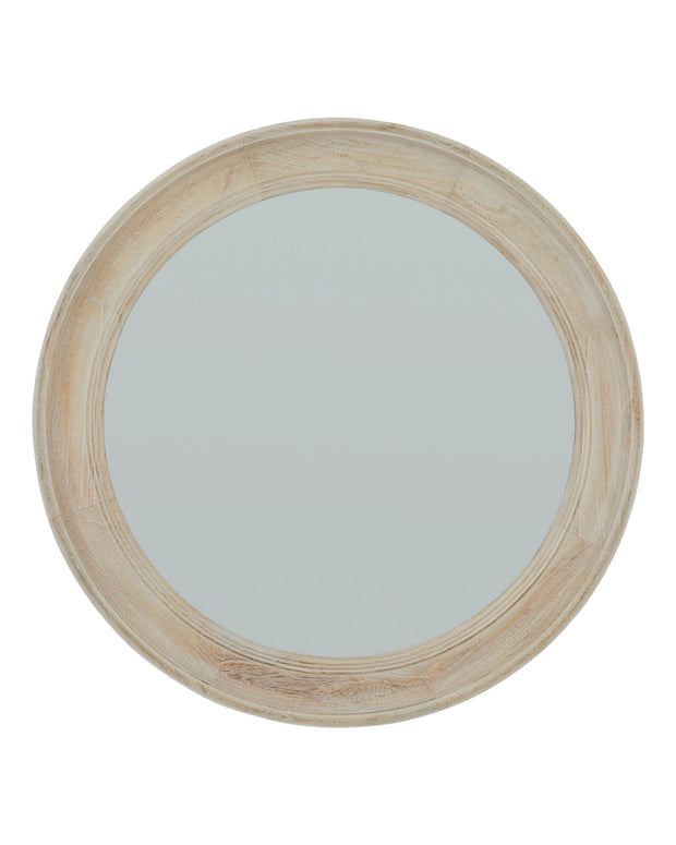 Round washed wood framed mirror by Hill Interiors, showcasing a stylish natural wood finish and classic circular design.
