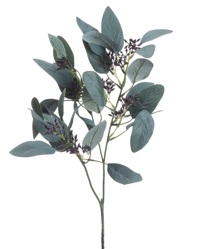 Artificial Seaded Eucalyptus Stem by Hill Interiors, showcasing realistic green eucalyptus leaves with seed accents on a natural stem.