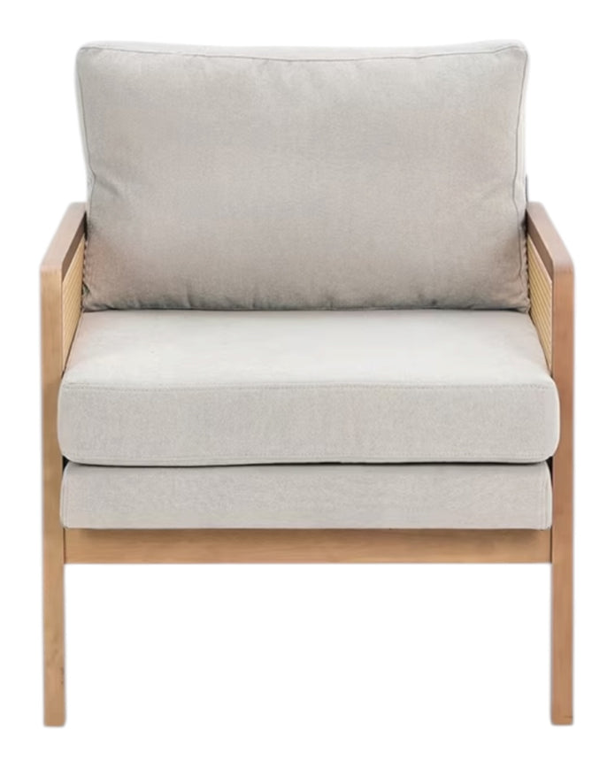 Compton natural rattan framed beige linen upholstered armchair from Starlight Express, showcasing a stylish, comfortable furniture piece.