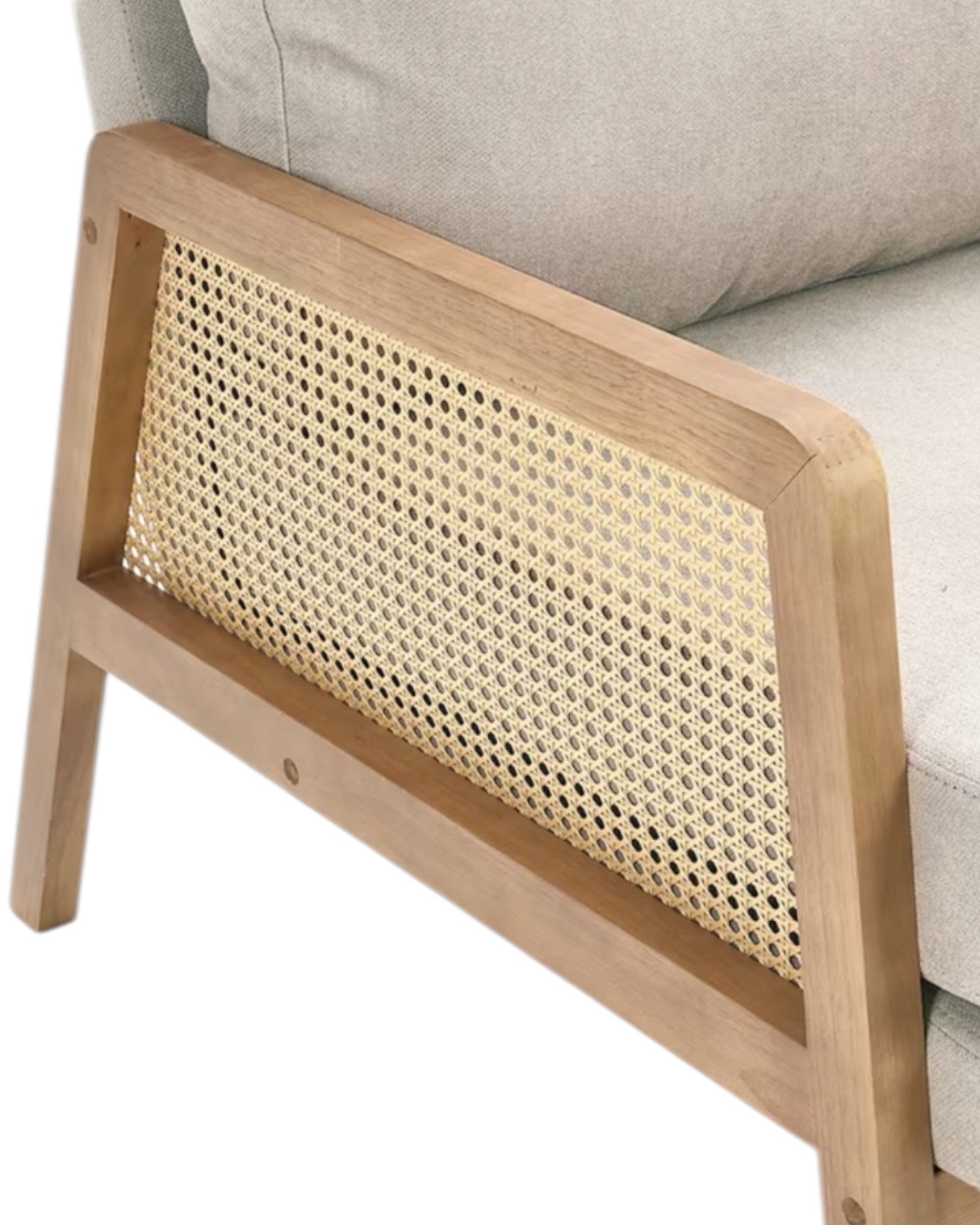 Starlight Express Compton natural framed rattan armchair with beige linen upholstery, showcasing modern furniture design.
