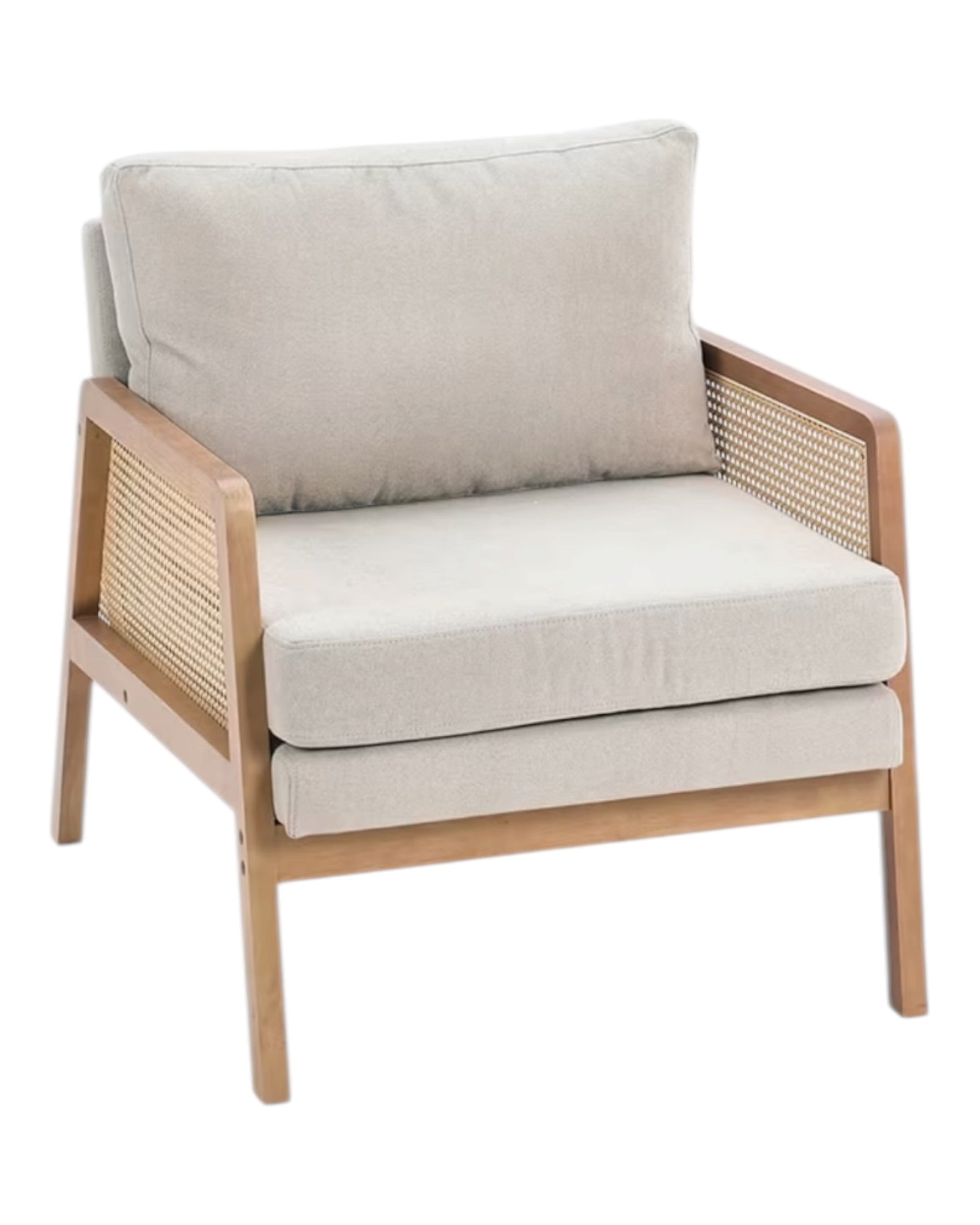 Beige linen upholstered Compton natural framed rattan armchair by Starlight Express, showcasing a stylish and comfortable furniture piece.