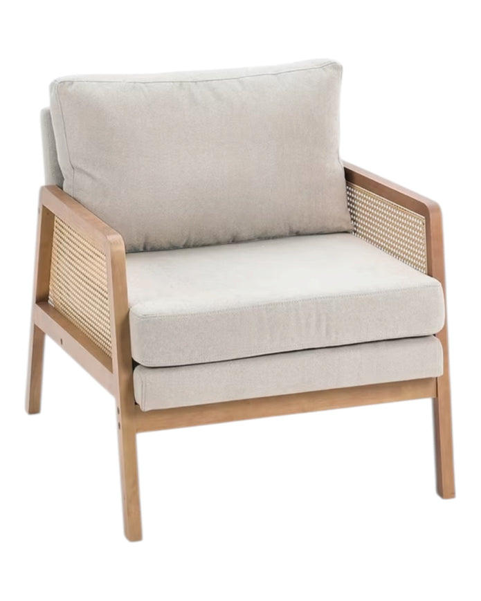 Beige linen upholstered Compton natural framed rattan armchair by Starlight Express, showcasing a stylish and comfortable furniture piece.