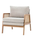 Beige linen upholstered Compton armchair with natural rattan frame, stylish furniture piece by Starlight Express.