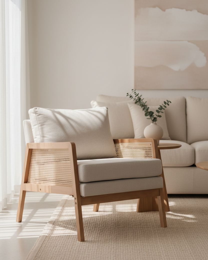 Starlight Express Compton natural rattan armchair with beige linen upholstery and a framed design, stylish furniture for living spaces.